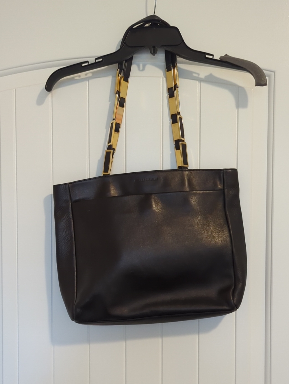 Italian Leather Structured Black Tote with Gold Accent Chain Straps
